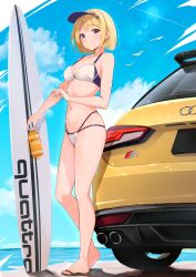 1girl audi audi_s1 beach bikini bird blonde_hair blue_hat blue_sky bottle breasts car cleavage cloud commentary_request flip-flops fujinomiya_rio hand_up hat highres holding holding_bottle legs looking_at_viewer medium_breasts midriff motor_vehicle navel ocean original personification purple_eyes sandals seagull second-party_source short_hair sky smile solo surfboard swimsuit vehicle_and_personification visor_cap white_bikini yellow_car