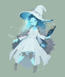 1girl blue_eyes blue_hair book dress elden_ring extra_arms full_body hat highres long_hair looking_at_viewer oimo_(14sainobba) ranni_the_witch solo translation_request witch_hat