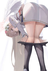 1girl angel_wings black_pantyhose blue_archive brown_hair clothes_pull commentary disgust dress feathered_wings flower from_behind from_below hair_between_eyes hair_flower hair_ornament halo highres i_ruru legs long_hair long_sleeves looking_at_viewer nagisa_(blue_archive) pantyhose pantyhose_pull parted_lips simple_background very_long_hair white_background white_wings wings yellow_eyes