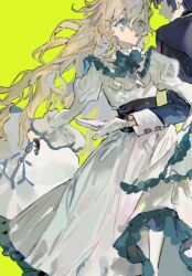 Rule 34 | 1boy, 1girl, blonde hair, blue bow, blue eyes, bow, bowtie, dress, frilled dress, frilled umbrella, frills, gloves, hair between eyes, holding, holding umbrella, juliet sleeves, long hair, long sleeves, looking at another, original, parted lips, puffy sleeves, qyzhiaiyisheng, simple background, umbrella, white dress, white gloves, yellow background