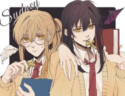 2boys black_hair blonde_hair book brown_cardigan cardigan character_name collared_shirt cross cross_necklace degrees_of_lewdity glasses hand_on_another&#039;s_shoulder highres holding holding_book jewelry multiple_boys necklace necktie open_cardigan open_clothes player_character_(degrees_of_lewdity) player_character_(male)_(degrees_of_lewdity) red_necktie shirokun_0916 shirt sydney_(degrees_of_lewdity) sydney_(male)_(degrees_of_lewdity) upper_body white_shirt