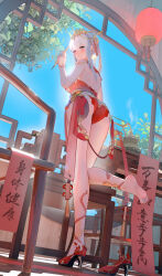 1girl absurdres ass back bare_hips bare_shoulders blackwee blue_sky breasts chinese_clothes day dress feet from_behind from_below full_body gold_trim hair_between_eyes hair_ornament hair_stick headpiece high_heels highres holding holding_paintbrush incense incense_burner ji_chenxing ji_chenxing_-_jade_arc lantern leg_up legs long_hair looking_at_viewer paintbrush paper paper_lantern plant purple_eyes red_dress red_shoes revealing_clothes round_window scroll shoes single_bare_foot single_shoe sky snowbreak:_containment_zone solo standing standing_on_one_leg sunlight table tassel white_hair window wooden_table