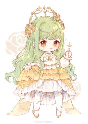 1girl absurdres ankle_flower bare_shoulders blunt_bangs braid bug butterfly butterfly_earrings chibi circlet closed_mouth collar crown_braid detached_collar detached_sleeves dot_nose dress earrings eyelashes floral_background flower frilled_collar frilled_dress frilled_sleeves frills gold_necklace gown green_hair hair_flower hair_ornament halo halo_behind_head highres infinity_nikki insect jewelry legs_apart light_blush light_particles lipstick long_dress long_hair long_sidelocks long_sleeves makeup necklace nikki_(series) nuli_de_chengzhi_er pantyhose pink_lips pointing pointing_up puffy_long_sleeves puffy_sleeves rose shoes sidelocks skirt_hold sleeves_past_wrists smile solo sparkle standing strapless strapless_dress tareme train_(clothing) two-tone_dress very_long_hair watermark wavy_hair weibo_watermark white_background white_collar white_dress white_pantyhose white_sleeves wishful_aurosa_(infinity_nikki) yellow_butterfly yellow_dress yellow_eyes yellow_flower yellow_halo yellow_rose yellow_shoes