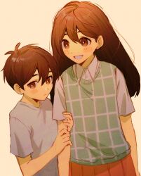 1boy 1girl ahoge blush_stickers brown_eyes brown_hair closed_mouth collared_shirt green_sweater_vest grey_shirt hair_between_eyes height_difference highres holding_another&#039;s_arm long_hair looking_at_another mari_(omori) omori open_mouth orange_skirt plaid_clothes plaid_sweater_vest pleated_skirt sepia_background shirt short_hair simple_background skirt smile sunny_(omori) sweater_vest teeth white_shirt wosinnk