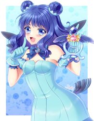 1girl aizawa_mint aqua_dress aqua_gloves bare_shoulders bird_girl bird_tail bird_wings blue_eyes blue_hair blush breasts collarbone commentary_request double_bun dress finger_to_cheek gloves hair_bun highres holding holding_weapon long_hair medium_breasts mew_mint mintone_arrow open_mouth shirato_sayuri smile solo strapless strapless_dress tail tokyo_mew_mew tokyo_mew_mew_new weapon wings