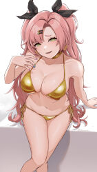 1girl aqua_nails bare_arms bare_legs bare_shoulders bikini black_ribbon blue_nails blush breasts cleavage collarbone commentary_request covered_erect_nipples earrings feet_out_of_frame fingernails gold_bikini gold_choker green_eyes grey_background hair_ornament hair_ribbon hairclip half-closed_eyes halterneck hand_up heart heart_earrings highres invisible_chair jewelry knees_together_feet_apart large_breasts long_hair looking_at_viewer mole mole_on_breast mole_on_thigh mole_under_eye multicolored_nails nail_polish navel nicole_demara parted_bangs parted_lips pink_hair purple_nails raised_eyebrows ribbon shadow side-tie_bikini_bottom sitting smile solo stomach string_bikini sweat swimsuit tan thigh_gap turo_ta_turo twintails twitter_username two-tone_background two_side_up very_long_hair white_background zenless_zone_zero