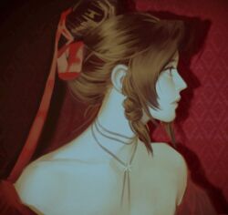 1girl aerith_gainsborough bare_shoulders brown_hair dress final_fantasy final_fantasy_vii from_side hair_bun hair_ribbon highres jeseni jewelry long_hair looking_to_the_side necklace parted_bangs red_ribbon ribbon sidelocks solo visible_ears