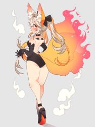1girl ahoge animal_ear_fluff animal_ears ass bare_shoulders black_gloves black_leotard black_shoes blush breasts brown_eyes brown_hair collar elbow_gloves fire flame-tipped_tail fox_ears fox_girl fox_tail from_behind full_body gloves high_heels highres hitodama kneepits legs leotard long_hair looking_back multiple_tails original shoes smile solo standing strapless strapless_leotard tail thighs toconikky twintails