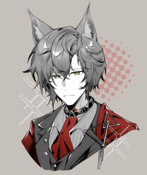 Rule 34 | 1boy, animal ear fluff, animal ears, arknights, chinese commentary, closed mouth, collar, commentary request, cropped shoulders, grey background, hair between eyes, highres, ji xing beichen polaris, looking at viewer, male focus, necktie, partially colored, phantom (arknights), red necktie, shirt, short hair, solo, swept bangs, yellow eyes