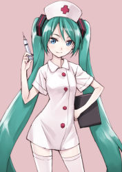 Rule 34 | 1girl, bad id, bad pixiv id, clipboard, dress, green hair, hand on own hip, hat, hatsune miku, long hair, matsuryuu, nurse, nurse cap, syringe, thighhighs, twintails, very long hair, vocaloid, white thighhighs, zettai ryouiki