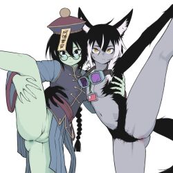 2girls animal_ears anus arm_around_waist black_eyes black_hair braid braided_ponytail breasts chinese_clothes colored_skin commentary completely_nude dual_persona empty_eyes expressionless fox_ears fox_girl fox_tail frown furry furry_female glasses goggles goggles_around_neck green_skin grey_skin hat highres id_card jiangshi long_hair medium_hair multicolored_hair multiple_girls navel no_nipples no_panties nude original pussy qingdai_guanmao round_eyewear single_braid slit_pupils small_breasts split standing standing_on_one_leg standing_split tail two-tone_hair variant_set very_long_hair white_hair yblndr yellow_eyes