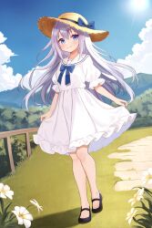 1girl blue_eyes blush bow bowtie commission day daysss dress female_focus flower full_body grey_hair hat highres long_hair looking_at_viewer mary_janes original outdoors sailor_collar sailor_dress shoes skeb_commission skirt_hold sky smile solo standing straw_hat sun_hat very_long_hair