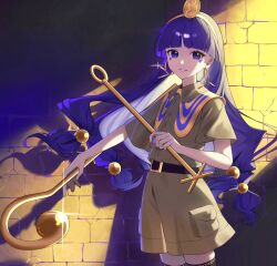 Rule 34 | 1girl, belt, blue eyes, blue hair, brown shirt, brown shorts, cowboy shot, earrings, facial mark, gold, gold buckle, gold hairband, gold headdress, gold headwear, hairband, highres, holding, holding scepter, jewelry, key earrings, ko gyoku, michigami nareko, quad tails, scepter, shirt, shorts, smile, solo, sphere hair ornament, thighhighs, touhou, triangle, triangle facial mark, usekh collar