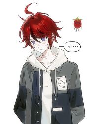 ... 1boy absurdres ahoge black_hair blue_eyes chinese_commentary closed_mouth commentary_request drawstring frown grey_jacket hair_between_eyes highres hood hood_down hoodie jacket long_sleeves male_focus multicolored_hair open_clothes open_jacket red_hair red_pupils short_hair simple_background solo speech_bubble spoken_ellipsis streaked_hair sumino_takumi the_hundred_line_-last_defense_academy- tomato two-tone_hair upper_body white_background white_hoodie zhoufuyechu