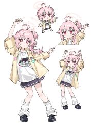 1girl :&lt; ahoge arm_up arms_up black_shoes blue_archive chibi commentary_request cropped_torso dancing full_body halo highres jacket long_hair looking_at_viewer multiple_views natsu_(band)_(blue_archive) natsu_(blue_archive) official_alternate_costume open_clothes open_jacket pink_eyes pink_hair pleated_skirt serious shigatsu_shizuki shirt shoes short_sleeves side_ponytail simple_background skirt socks white_background white_shirt white_socks yellow_jacket