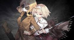 2girls backstab black-framed_eyewear black_sweater blonde_hair brown_coat brown_skirt coat collared_shirt dress_shirt fingernails fringe_trim glasses glint green_eyes hair_between_eyes hairband high-waist_skirt holding holding_knife knife light_brown_hair long_sleeves multiple_girls original parted_lips plaid red_eyes ribbed_sweater round_eyewear saru shawl shirt short_hair skirt smile sunglasses sweater turtleneck turtleneck_sweater v-shaped_eyebrows white_hairband white_shirt