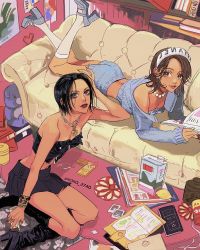 2girls black_footwear black_hair black_nails black_tube_top blue_shirt blue_shorts bracelet breasts brown_eyes brown_hair chain chain_leash cigarette cigarette_pack cleavage couch earrings grey_eyes grey_footwear highres holding holding_phone hong_3740 indoors jewelry komatsu_nana leash looking_at_viewer lying medium_hair miniskirt multiple_girls multiple_rings nail_polish nana_(series) necklace off_shoulder on_stomach osaki_nana phone pink_lips pleated_skirt punk red_lips ring shirt shorts skirt small_breasts socks strapless tube_top yellow_nails