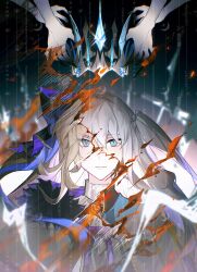 2girls aesc_(fate) aesc_(savior)_(fate) blonde_hair blood blue_eyes bow crown dual_persona fate/grand_order fate_(series) fur_trim hair_between_eyes hair_bow highres long_hair looking_at_viewer morgan_le_fay_(fate) morgan_le_fay_(queen_of_winter)_(fate) multiple_girls ponytail sakuranull white_hair