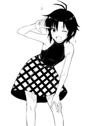 1girl antenna_hair bare_arms bare_legs bare_shoulders blush collarbone dot_nose dress forehead greyscale gyaru_v hand_on_own_knee highres idolmaster idolmaster_(classic) idolmaster_million_live! idolmaster_million_live!_theater_days kikuchi_makoto leaning_forward looking_at_viewer matcha_kingyo monochrome my_only_fair_lady_(idolmaster) official_alternate_costume one_eye_closed open_mouth parted_bangs short_hair sidelocks simple_background sleeveless sleeveless_dress smile solo sparkle v white_background
