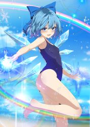 Rule 34 | 1girl, beach, blue bow, blue eyes, blue hair, blue sky, bow, cirno, detached wings, fairy, hair bow, highres, ice, ice wings, kitaura kasumi, leg up, lens flare, looking at viewer, rainbow, sky, smile, snowflakes, solo, swimsuit, touhou, v-shaped eyebrows, water drop, wings