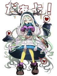 1girl antlers antlers_through_headwear aqua_eyes aqua_hair blue_scarf coat fate/grand_order fate_(series) heart heart_hands highres horns kuriimu0203 long_hair louhi_(fate) louhi_(second_ascension)_(fate) mittens one_eye_closed pantyhose pom_pom_(clothes) purple_mittens scarf sharp_teeth spoken_heart teeth very_long_hair white_background winter_clothes winter_coat yellow_pantyhose