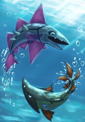 animal_focus barraskewda black_eyes blue_background bubble closed_mouth eye_contact fish full_body gen_8_pokemon light_rays looking_at_another looking_down looking_up monya nintendo no_humans open_mouth pink_pupils pokemon pokemon_(creature) sharp_teeth teeth underwater veluza