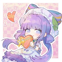 1girl apron back_bow bare_shoulders blunt_bangs border bow box box_of_chocolates cat_princess checkered_background chibi choker closed_mouth country_lolita detached_sleeves dress english_text eyelashes floating_hair frilled_apron frilled_choker frilled_dress frilled_headwear frilled_sleeves frilled_wrist_cuffs frills green_choker hair_intakes hair_rings happy_valentine hat hat_bow headscarf heart heart-shaped_box holding holding_box infinity_nikki leaf_print light_blush lolita_fashion long_hair low_twintails making-of_available medium_dress nikki_(series) outline outside_border pink_background plaid_clothes plaid_dress pocket polka_dot polka_dot_background puffy_short_sleeves puffy_sleeves purple_bow purple_dress purple_eyes purple_hair purple_wrist_cuffs short_sleeves smile solo strapless strapless_dress striped_bow tareme twintails valentine very_long_hair whispers_of_bliss_(infinity_nikki) white_apron white_border white_headscarf white_outline white_sleeves wrist_cuffs