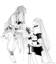 1boy 1girl armor barefoot braid bridal_gauntlets cape crop_top crossdressing crown_braid detached_sleeves earrings full_body greyscale hair_ornament hairclip harem_outfit holding holding_hands holding_sword holding_weapon jewelry link loli_bushi long_hair looking_at_another monochrome mouth_veil nintendo parted_lips pauldrons pointy_ears princess_zelda see-through_clothes see-through_sleeves shoulder_armor sidelocks sitting sword the_legend_of_zelda the_legend_of_zelda:_breath_of_the_wild thick_eyebrows upper_body veil weapon white_background