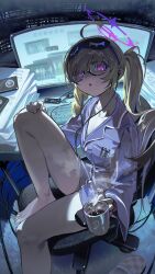 1girl absurdres blue_archive braid chair coffee coffee_mug cup curved_monitor digital_media_player earbuds earphones glasses halo highres holding holding_cup knee_up kotama_(blue_archive) long_hair mask mask_on_head monitor mug office_chair omurice_(304975636) on_chair oversized_clothes oversized_shirt shirt sleep_mask swivel_chair ultrawide_monitor