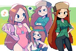 Rule 34 | &gt;:(, 4girls, absurdres, angry, arrow (projectile), blush stickers, breasts, cardigan, cardigan around waist, closed mouth, clothes around waist, commentary, covered navel, crossed arms, earrings, english commentary, eye black, facepaint, fingerless gloves, freckles, fur hat, gloves, gravity falls, grin, hat, highres, jewelry, lifeguard, long hair, looking at viewer, looking away, multiple girls, musical note, one-piece swimsuit, quiver, rariatto (ganguri), red hair, red one-piece swimsuit, small breasts, smile, speech bubble, spoken squiggle, squiggle, standing, swimsuit, tank top, twitter username, v-shaped eyebrows, very long hair, water balloon, wendy corduroy, whistle, whistle around neck, white tank top