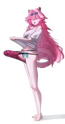 1girl :p absurdres animal_ears bikini breasts chattino_(raora_panthera) clothes_pull commentary english_commentary eyewear_on_head feet floomf full_body highres hololive hololive_english large_breasts leopard_print_bikini navel panther_ears panther_girl panther_tail pink_bikini pink_hair pulling_own_clothes raora_panthera shirt shirt_pull simple_background solo standing sunglasses swimsuit tail tongue tongue_out virtual_youtuber white_background white_shirt yellow_eyes