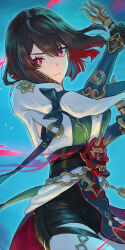 1girl bagua black_hair black_sash black_shorts bright_pupils closed_mouth cowboy_shot gauntlets highres holding holding_knife honkai:_star_rail honkai_(series) knife looking_at_viewer mask michiko_(ui29) multicolored_hair oni_mask red_eyes red_hair red_mask sash shirt short_hair short_shorts shorts solo trigram two-tone_hair white_pupils white_shirt xueyi_(honkai:_star_rail) yin_yang