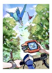 1other bicycle bird blue_sky border bracelet cloud dirt_road dustox falling_leaves flying forest gen_3_pokemon highres holding_pokedex jewelry latias latios leaf legendary_pokemon mega_stone nature nintendo on_tree outdoors pokedex pokemon pokemon_(creature) pokemon_oras pov pov_hands riding riding_bicycle road sake_maguro sky taillow tree white_border wurmple