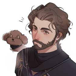 Rule 34 | 1boy, absurdres, animal, beard, black scarf, black shirt, brown eyes, brown fur, brown hair, clair obscur: expedition 33, closed mouth, commentary request, dog, facial hair, frown, gustave (clair obscur: expedition 33), highres, ln (yc24720223), looking at viewer, male focus, sanpaku, scarf, shirt, simple background, solo, upper body, v-neck, wavy hair, white background