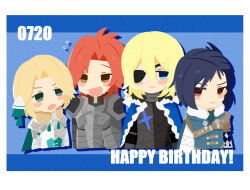 1girl 3boys blonde_hair blue_cape blue_eyes blue_hair brown_eyes cape dimitri_alexandre_blaiddyd dimitri_alexandre_blaiddyd_(timeskip) eyepatch felix_hugo_fraldarius fire_emblem fire_emblem:_three_houses green_eyes ingrid_brandl_galatea mifune_miyu_(weibo_5907079617) multiple_boys nintendo orange_hair sylvain_jose_gautier