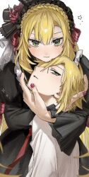 2boys black_dress blonde_hair blush braid commentary crossdressing crown_braid dress dual_persona gothic_lolita green_eyes hairband highres juliet_sleeves lolita_fashion lolita_hairband long_sleeves looking_at_viewer male_focus multiple_boys nail_polish ni_22 nijisanji parted_lips puffy_sleeves red_nails shirt simple_background sparkle star_(symbol) symbol-only_commentary trap uzuki_kou uzuki_kou_(4th_costume) virtual_youtuber white_background white_shirt wide_sleeves