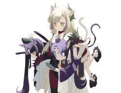 3girls animal_ears cat_ears cat_tail fate/grand_order fate_(series) hair_between_eyes highres holding japanese_clothes kiichi_hogen_(fate) multiple_girls sinn_(kikujira_7511) tail taira_no_kagekiyo_(fate) ushiwakamaru_(fate) white_background white_hair