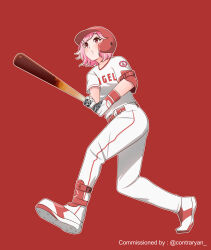 1girl baseball_bat baseball_helmet baseball_uniform commentary commission commissioner_name elbow_pads full_body gloves helmet highres holding holding_baseball_bat medium_hair original pants pink_hair red_eyes shoes single_elbow_pad snkagawa solo sportswear white_gloves white_pants white_shoes