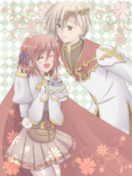 Rule 34 | 1boy, 1girl, armor, blonde hair, bow, breastplate, cake, cape, checkered background, circlet, closed eyes, coat, commentary request, cowboy shot, dated commentary, food, fruit, gold trim, green background, green eyes, hair bow, headpat, hetero, high priest (ragnarok online), holding, holding cake, holding food, long sleeves, lord knight (ragnarok online), miniskirt, multicolored coat, open mouth, pauldrons, pink hair, pink skirt, pleated skirt, purple bow, ragnarok online, red cape, red coat, sharari, short hair, shoulder armor, skirt, smile, strawberry, two-tone coat