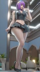 1girl absurdres asamiya_athena breasts chair clothes_lift dress female_focus hair_ornament hairband heel_up highres large_breasts nail_polish no_panties pale_skin purple_eyes purple_hair pussy pussy_peek shiny_clothes shiny_skin shirt shoes short_hair skirt skirt_lift standing star_(symbol) the_king_of_fighters thighs wide_hips