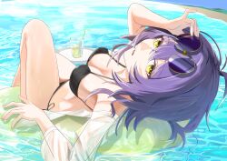 1girl absurdres bare_shoulders beach bikini black_bikini blue_sky breasts cleavage day drinking_straw from_above from_side glass glasses highres large_breasts looking_at_viewer lying ocean on_back on_innertube original outdoors parted_lips purple_hair round_eyewear see-through_clothes short_hair side-tie_bikini_bottom sky solo string_bikini sunglasses swim_ring swimsuit water wet yellow_eyes yonemasakouta
