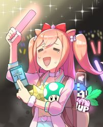 1-up_mushroom 1girl 1up :d =_= agnes_digital_(umamusume) bottle bow card closed_eyes crowd crying dragon_quest fairy glowstick hair_bow highres holding holding_card holding_glowstick katwo kirby_(series) mario_(series) max_revive mega_man_(classic) mega_man_(series) monster_reborn nintendo open_mouth orange_hair pink_hair pokemon red_bow smile sparkle the_legend_of_zelda the_legend_of_zelda:_ocarina_of_time two_side_up umamusume upper_body