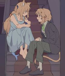 2girls addendium animal_ear_fluff animal_ears barefoot black_jacket blonde_hair blue_dress blue_scrunchie collarbone commentary dooby_(vtuber) dress english_commentary fins fish_girl fish_tail full_body green_pants highres indie_virtual_youtuber indoors jacket long_hair looking_at_another mouse_girl mouse_tail multiple_girls pants sameko_saba scrunchie short_hair sidelocks sitting stairs tail virtual_youtuber