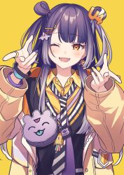 1girl ;d aged_down black_hair bracelet commentary_request double_bun gradient_hair grey_hair hair_bun hair_ornament hairclip highres jacket jewelry long_hair lq_saku multicolored_hair necktie nijisanji one_eye_closed open_clothes open_jacket open_mouth purple_bag purple_nails simple_background smile solo ufo_hair_ornament umise_yotsuha umise_yotsuha_(1st_costume) virtual_youtuber yellow_background yellow_eyes yellow_jacket yellow_nails