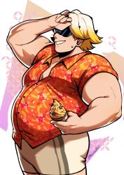 Rule 34 | 1boy, absurdres, artist name, ass, bara, belly, biceps, colored tips, commentary, english commentary, fat, fat man, food, gordie (pokemon), grin, highres, holding, holding food, holding ice cream, ice cream, looking to the side, multicolored hair, nifast (greentail), nintendo, orange shirt, pokemon, pokemon swsh, shirt, sleeves rolled up, smile, sunglasses, sweatdrop, twitter username, unbuttoned, unbuttoned shirt, white hair, wiping forehead