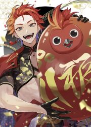 1boy :d aqua_eyes asa_no_ha_(pattern) bird black_gloves cape confetti daruma_doll doll earrings g-penguin_(hizaki_gamma) gloves hadanugi_dousa hair_slicked_back highres hizaki_gamma hizaki_gamma_(3rd_costume) holding holding_doll holostars igote japanese_clothes jewelry kagome_(pattern) looking_at_viewer male_focus multicolored_hair ochiya_(nkg_oz) official_alternate_costume open_kimono open_mouth orange_hair oversized_object penguin purple_hair red_cape red_hair rope_belt short_hair smile solo streaked_hair tassel tassel_earrings teeth upper_body virtual_youtuber white_background