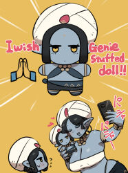 Rule 34 | bindi, black hair, blue skin, breasts, character doll, cleavage, colored skin, crop top, doll, earrings, facial mark, forehead mark, genie, genie (siva-siva), genie mama (siva-siva), highres, hoop earrings, jewelry, jitome, long pointy ears, neck ring, no sclera, original, pointy ears, praying emoji, selfie, simple background, siva-siva, stuffed toy, turban, white turban, wishing, yellow background, yellow eyes