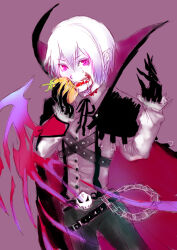1boy aged_down black_cloak black_gloves black_pants black_ribbon blood blood_on_face chain cloak commentary_request cowboy_shot dracula_(ragnarok_online) eating fangs gloves hair_between_eyes looking_at_viewer male_focus neck_ribbon open_mouth pants pink_eyes pointy_ears purple_background purple_shirt ragnarok_online red_cloak ribbon shirt short_hair simple_background skull smile solo suspenders vampire white_hair yukimushi