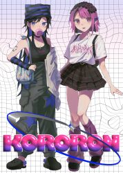 2girls absurdres arm_tattoo bag beanie black_choker black_hair black_skirt black_tank_top blowing_bubble_gum blue_eyes chewing_gum choker colored_inner_hair copyright_name frilled_hairband frills full_body hairband hat highres jewelry kororon_(song) long_hair loose_socks multicolored_hair multiple_girls neck_tattoo necklace okami-chan_(kororon) pants parted_lips pink_eyes pink_hair plaid_clothes plaid_skirt pleated_skirt shirt shoes short_hair short_sleeves shoulder_bag sider_eve skirt socks standing star_(symbol) striped_arm_warmers tank_top tattoo tora-chan_(kororon) white_shirt