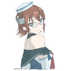 1girl bespectacled black_sailor_collar breasts brown_eyes brown_hair dixie_cup_hat flipped_hair from_behind glasses halca_(technodrome) hat headgear kantai_collection medium_breasts military_hat neckerchief off-shoulder_shirt off_shoulder red_neckerchief richard_p._leary_(kancolle) sailor_collar sailor_shirt shirt short_hair simple_background solo two-tone_shirt upper_body white_background white_hat
